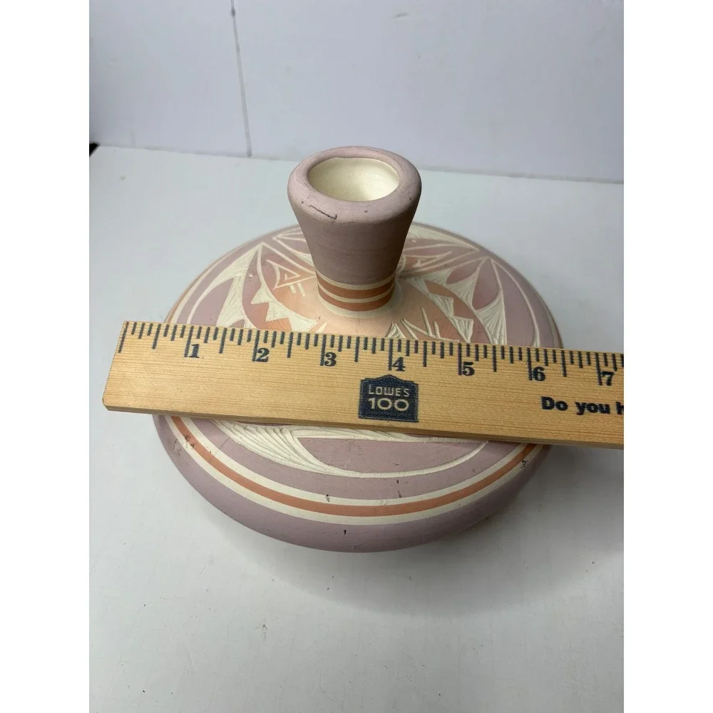 R Thomas Navajo Pottery Etched Seed Vase Mauve Peach Geometric Southwestern 6.5